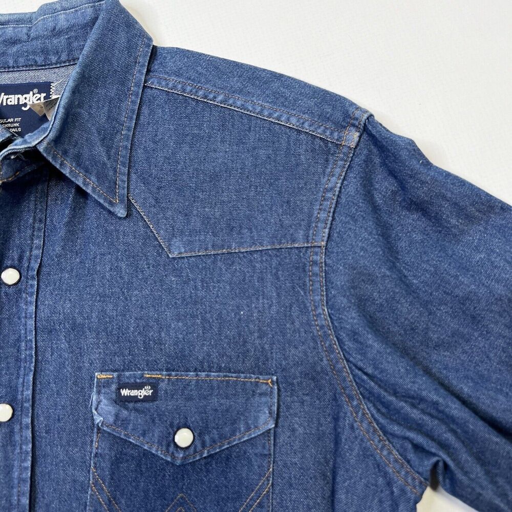 Wrangler Men’s Vintage Pearl Snap Denim Western Shirt Sz 16 1/2 x 35 XL Tails